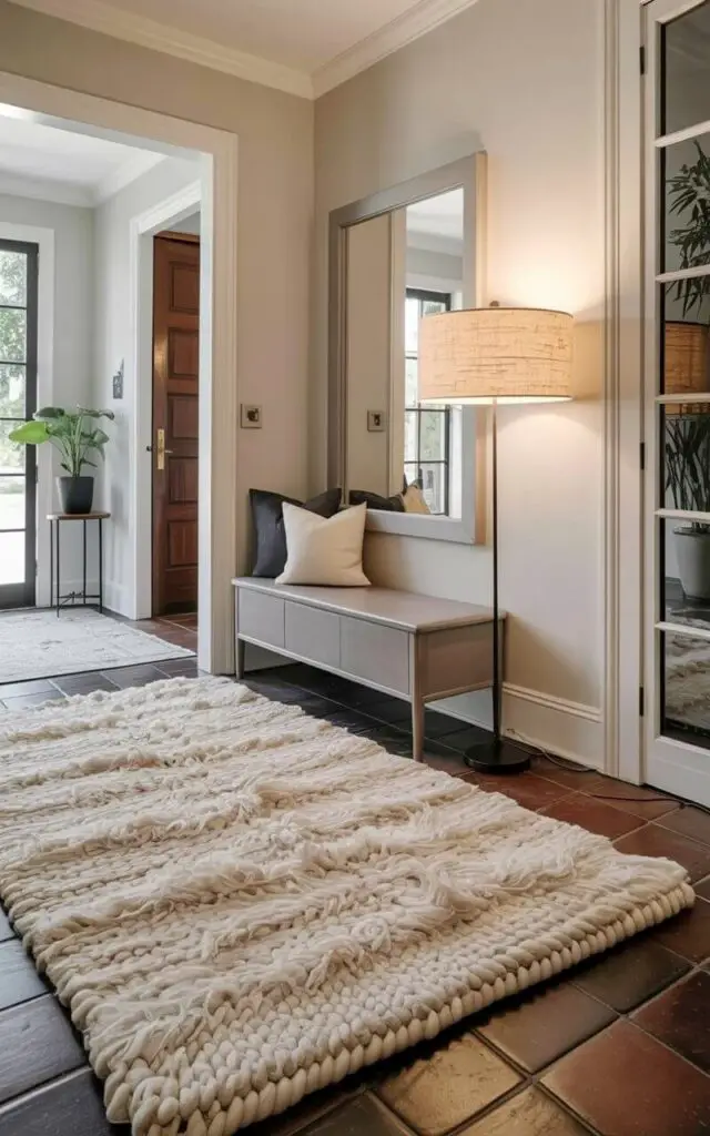 A thick wool rug in soft ivory covers the center of the entryway, its plush surface visible with individual fibers creating a dense texture. A slim bench with concealed storage sits against the far wall, featuring a smooth, light gray finish and clean, straight lines. A tall floor lamp with a linen shade stands to the side of the bench, casting a warm, diffused glow across the space. The entryway has white painted walls and a dark wood door visible in the background, with a small potted plant resting on a side table near the entrance.