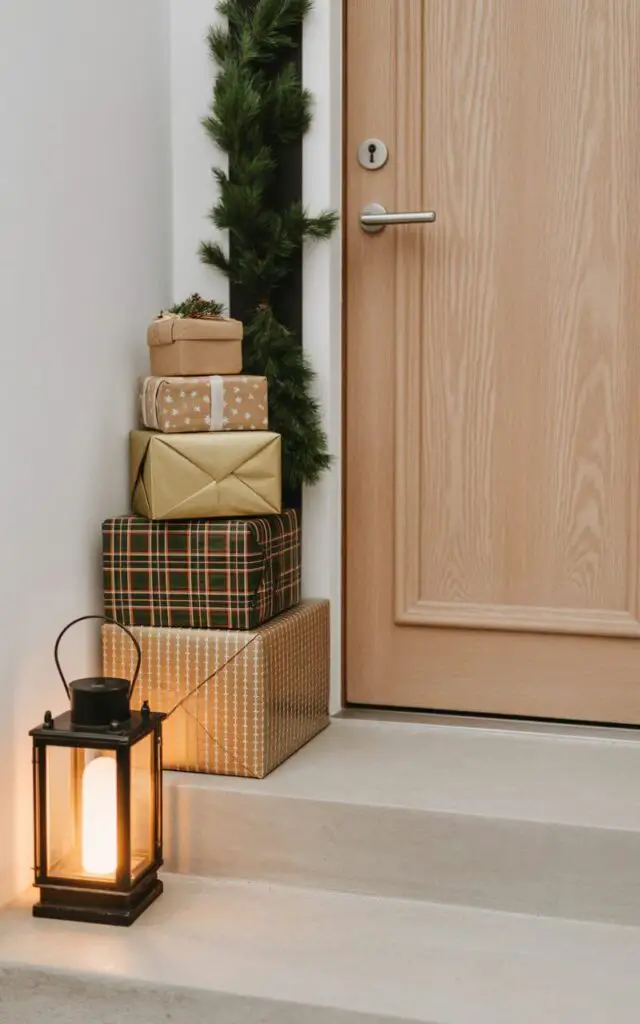 A minimalist photograph of a Christmas-decorated front porch featuring neatly arranged wrapped gift boxes in festive plaid, shimmering gold metallic, and rustic kraft paper patterns. The thoughtfully stacked presents sit beside a sleek pale oak door with a modern brushed silver handle and keyhole, creating an elegant contrast against the warm wood tones. A single lush evergreen garland gracefully frames the doorway, while a classic black lantern with warm LED lighting casts a gentle golden glow across the clean concrete steps. The overall composition maintains a sophisticated, uncluttered aesthetic with cheerful holiday spirit and crisp winter air ambiance.