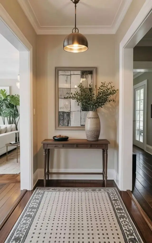 A large rectangular rug with a subtle pattern of gray and white squares defines the transition between a foyer and a living area. A narrow console table, crafted from dark wood, rests on top of the rug, displaying a tall ceramic vase with a textured surface and a small, circular dish containing a set of keys. Overhead, a single pendant light with a brushed metal finish illuminates the rug's area and casts a warm glow on the surrounding walls. The entryway is bordered by smooth, off-white walls and a dark wood floor that extends into the adjacent living space.