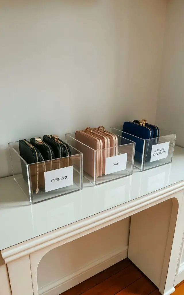Three transparent acrylic bins sit side-by-side on a wide, polished white shelf with rounded edges. Each bin is filled with a collection of neatly folded clutches and mini handbags in various colors including black leather, blush pink velvet, and navy blue satin. Small, white adhesive labels affixed to the front of each bin read “Evening”, “Day”, and “Special Occasion” in a clean sans-serif font. The shelf rests against a plain, light gray wall with a soft, diffused light illuminating the scene and highlighting the clarity of the acrylic bins and the texture of the handbags.