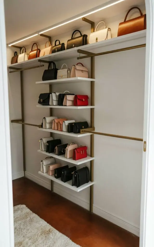 A walk-in closet features floor-to-ceiling adjustable white shelving spanning an entire wall, customized with varying heights to hold a collection of handbags. Numerous purses of different shapes and sizes—including tall totes, medium satchels, and compact clutches—are neatly arranged on the shelves, displaying a subtle color gradient from creamy neutrals to deep blacks. Brass closet rods and hooks provide additional hanging space, and recessed LED strip lighting illuminates the handbags from above, casting soft shadows on the clean, white surfaces. The closet’s walls are painted a matte off-white, and a plush ivory-colored rug covers the polished concrete floor, completing the minimalist design.