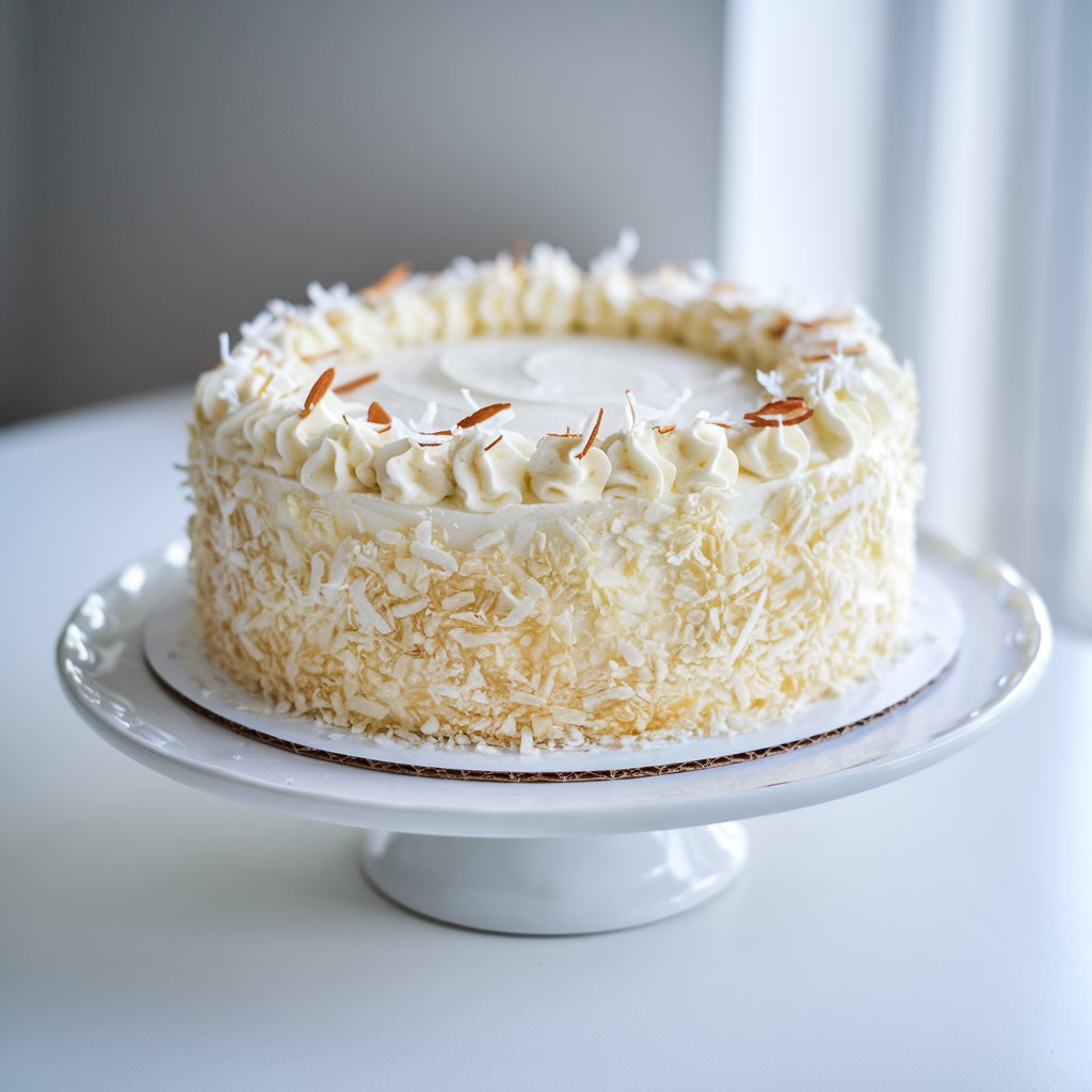 A delicate almond snow cake with a pure white color, resting on a white ceramic cake stand. The cake is placed on a bright plain white kitchen countertop. The cake's surface is covered in billowy whipped frosting and finished with a thick layer of shredded coconut, mimicking freshly fallen snow. The coconut glistens like tiny snowflakes under soft natural light. A few toasted almond slivers are scattered across the top for subtle contrast. The bright countertop and daylight emphasize the cake's clean, serene winter aesthetic. The cake has an elegant frosting.