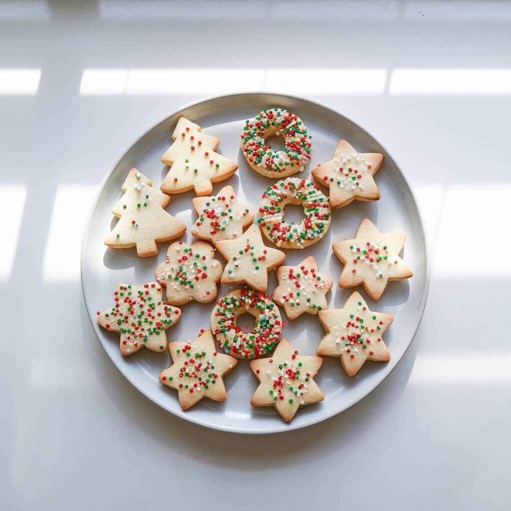 A white porcelain gray round plate holds an assortment of almond spritz cookies shaped like trees, wreaths, and stars, decorated with colorful sugar sprinkles. The plate rests gracefully on a bright plain white kitchen countertop bathed in natural light. The light catches the subtle shine of the buttery cookies and reflects off the sugar crystals, giving them a delicate sparkle.