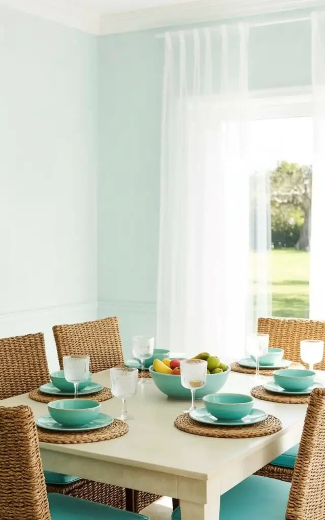 A sand-toned rectangular dining table sits at the center of the room, with six woven chairs arranged around it. Aqua ceramic bowls filled with fruit and clear glassware with condensation are placed on the table, while aqua cushions rest on the chair seats. Sunlight streams through sheer white curtains, illuminating the natural textures of the woven chairs and the smooth surface of the table. The room features light blue walls with subtle crown molding, and a large window overlooks a green lawn with mature trees in the background.