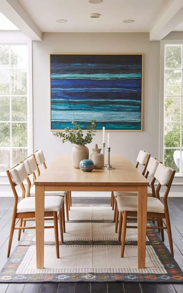 A large rectangular artwork composed of layered shades of blue dominates the wall, featuring horizontal bands of cerulean, navy, and turquoise hues. Below the artwork, a plain dining table crafted from light-toned maple wood sits centered in the room, surrounded by six slim-frame dining chairs upholstered with white linen cushions. A rectangular rug with a geometric pattern incorporating shades of gray, blue, and cream lies beneath the table, while ceramic vases holding sprigs of eucalyptus and a silver candlestick sit as table accessories. Soft, diffused light from recessed ceiling fixtures illuminates the artwork and table setting, creating a calm atmosphere within the room’s neutral-colored walls.