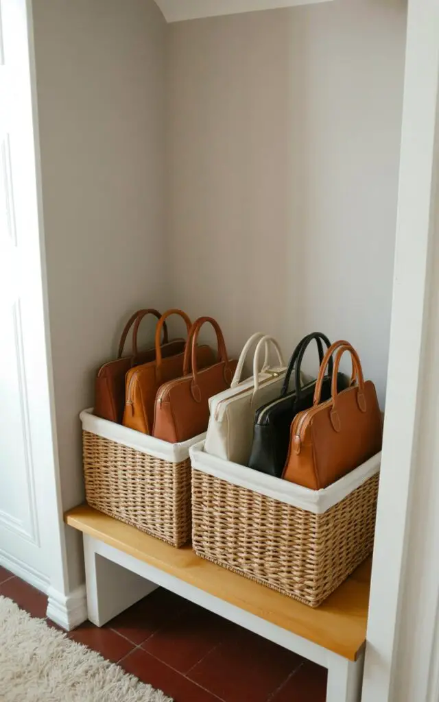 Two woven baskets, each made of natural seagrass fibers, sit directly beneath a light-colored wooden bench. Inside each basket, five everyday handbags are arranged upright, displaying varying textures of leather, canvas, and nylon. The handbags are gently spaced apart, allowing the top edges of each bag to be visible. The scene takes place within a softly lit corner of a bedroom featuring pale gray walls and a plush cream-colored rug, suggesting a quiet and uncluttered space.