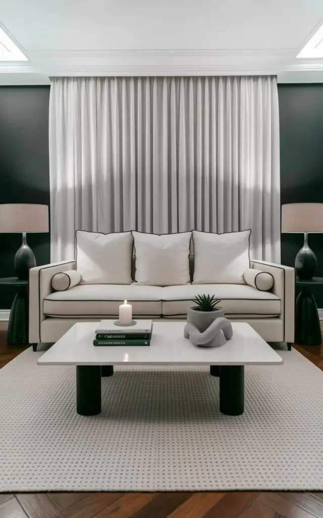 A creamy white upholstered sofa sits centered in the room, featuring three plush back cushions and two bolster pillows with simple piping detail. Two sleek black accent tables flank the sofa – one holding a stack of three books with dark covers and the other displaying a small potted succulent in a concrete planter. A white coffee table sits directly in front of the sofa, showcasing a single white pillar candle and a smooth, gray ceramic sculpture with rounded edges. A large, off-white rug with a subtle geometric pattern covers the hardwood floor, extending beneath the sofa and tables, while floor-to-ceiling white linen drapery frames a large window on the far wall.