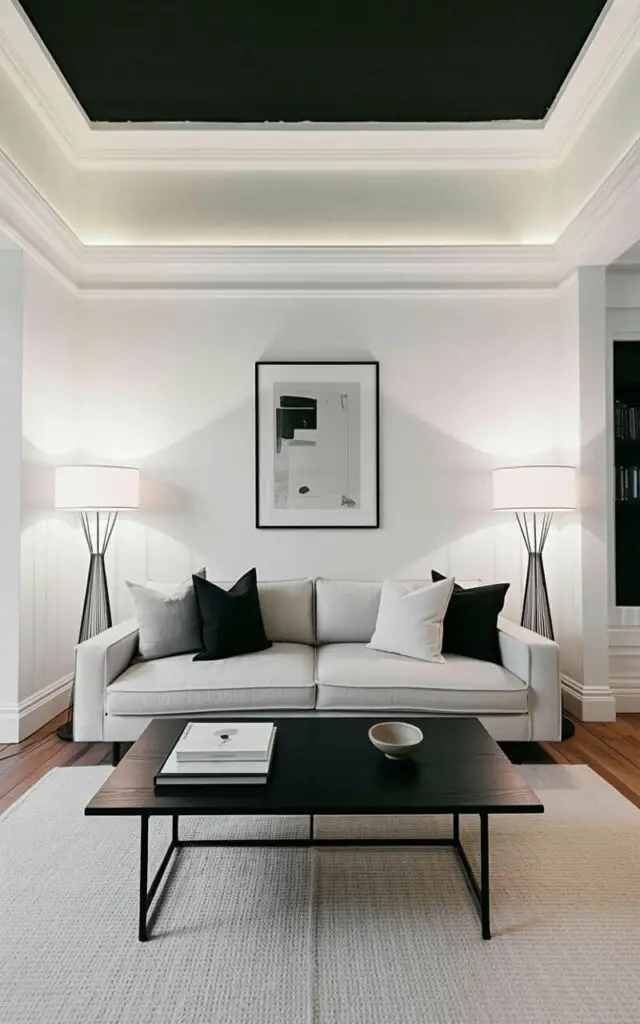 A modern gray-white sofa with clean lines sits facing a slim black coffee table displaying a single stack of books and a small ceramic bowl. Two slender metal floor lamps with white shades stand on either side of the sofa, casting upward light. The room features crisp white walls contrasting with a jet-black ceiling, illuminated by soft, diffused uplighting that creates a warm glow. A light beige rug covers the center of the hardwood floor, and a framed abstract print hangs above the sofa.