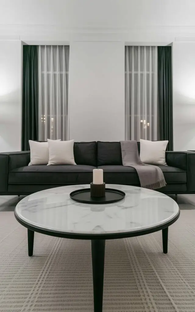 A two-tone coffee table with a circular white marble top and slender black lacquered legs sits centered in a minimalist living room. The marble top exhibits subtle grey veining patterns, while the lacquered legs taper slightly towards the floor, creating a clean silhouette. A plush charcoal gray sofa rests against the back wall, adorned with three square white pillows and a folded gray cashmere throw. Large windows with sheer white curtains allow diffused natural light to illuminate the room, which features a neutral-toned area rug and a single tall ceramic candle holder positioned on a side table.