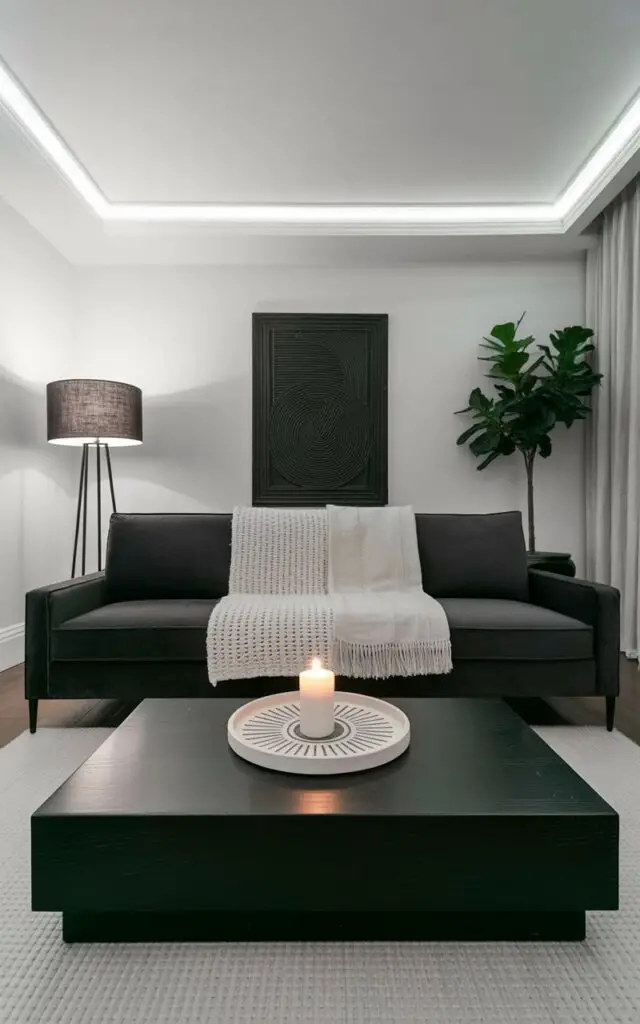A deep charcoal-gray sofa with clean lines sits centered in the room, covered with three layered white throws – a chunky knit throw, a brushed cotton blanket, and a throw featuring delicate fringe detailing. A matte-black, rectangular coffee table rests on a pale gray rug in front of the sofa, displaying a single white pillar candle and a circular ceramic tray with a geometric pattern. The walls are painted a bright, even white, and a black floor lamp with a linen shade stands in the corner, emitting a soft, warm glow. A large, abstract black sculpture sits against one wall, and a potted fiddle-leaf fig tree stands near a window with sheer white curtains.