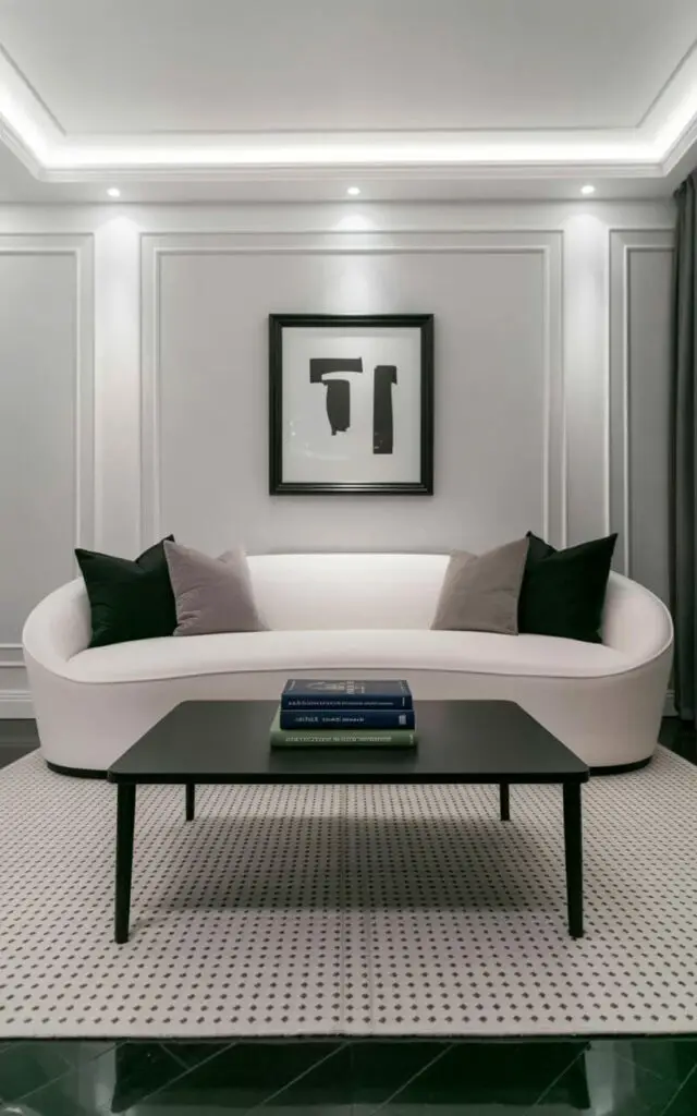 A curved white sofa with smooth, sculptural lines sits centrally within the room, its back rising in a gentle arc. A low, rectangular black coffee table with thin metal legs rests in front of the sofa, holding a stack of three hardcover books with dark blue covers. A large, rectangular rug with a subtle geometric pattern in shades of gray and white lies beneath the furniture, defining the seating area. The room features pale gray walls with a single black framed abstract print hanging above the sofa, and recessed lighting provides soft illumination.