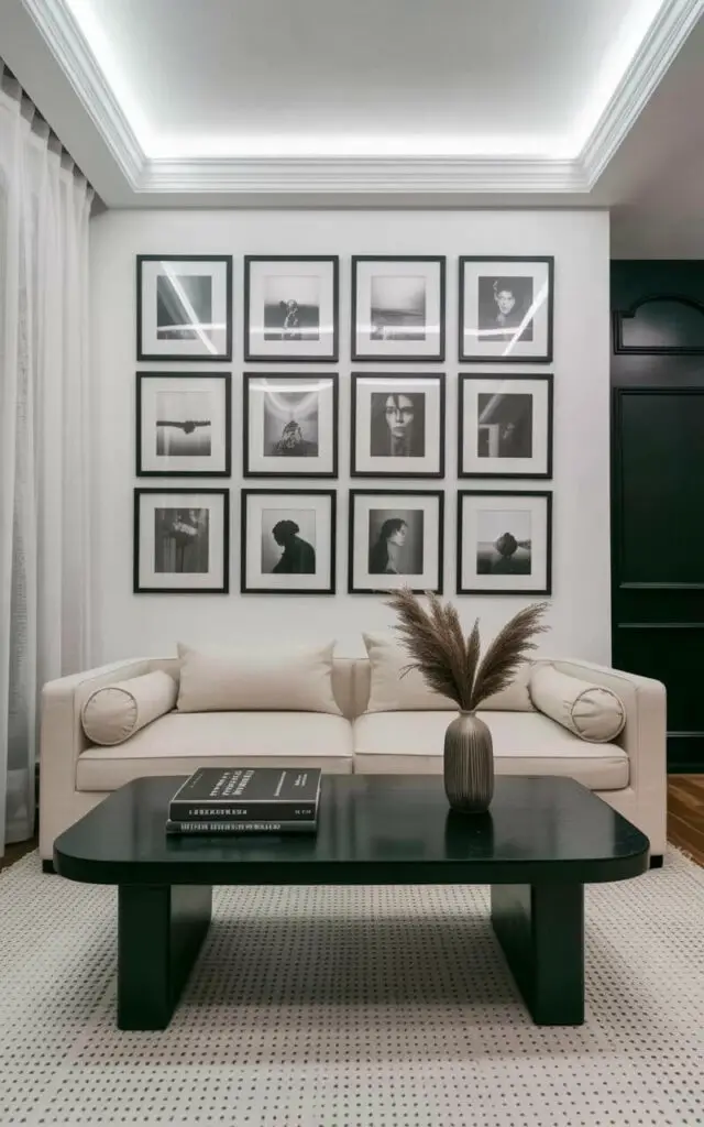 A large gallery wall composed of twelve black-framed photographs dominates the space, showcasing a variety of grayscale images depicting landscapes and portraits. Below the artwork, a creamy-beige linen sofa with rounded arms and bolster pillows sits on a light gray area rug with a subtle geometric pattern. A narrow black coffee table crafted from polished wood rests on the rug, holding three photography books with black covers and a tall, slender ceramic vase filled with dried pampas grass. Natural light streams through sheer white curtains partially covering a large window, illuminating the room and highlighting the clean lines of the architectural details.