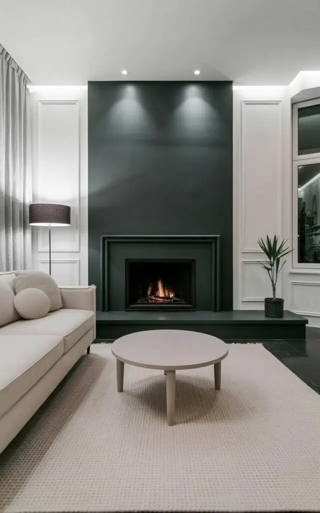 A matte-black fireplace with a clean rectangular surround forms the focal point of the room, featuring a smooth, non-reflective surface. To the left of the fireplace sits a pale linen sofa with rounded cushions, facing a round coffee table with a plain white surface and thin tapered legs. A soft, cream-colored rug with a subtle woven texture covers the floor in front of the sofa, while the walls are painted a crisp white with recessed lighting. Large windows with sheer white curtains provide a glimpse of a tree-lined street outside, with a single potted plant placed in the corner near a floor lamp with a dark grey shade.
