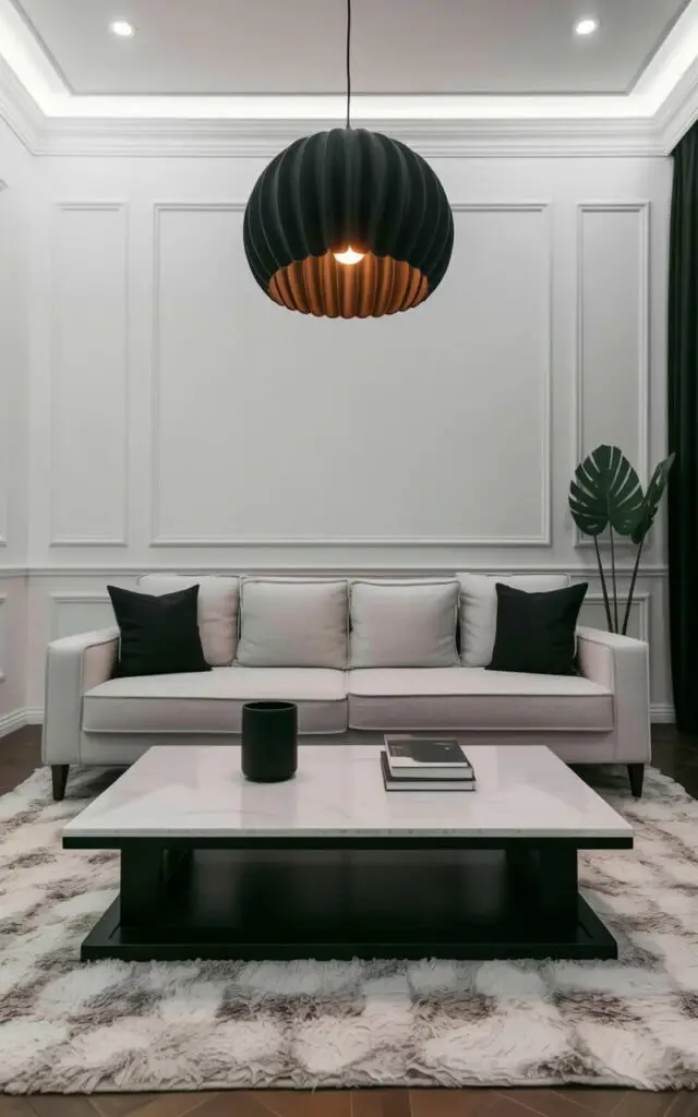 A light-gray sofa sits centered in a room with a low, rectangular white coffee table positioned directly in front of it. Two black throw pillows rest on the sofa’s cushions, while a sculptural matte-black pendant light hangs above the table, casting a warm glow on the surface. The walls are painted white and feature subtle texture, while a soft, plush rug covers the majority of the floor. A single potted plant with large green leaves sits in the corner of the room, and a stack of neatly arranged books rests on the coffee table.
