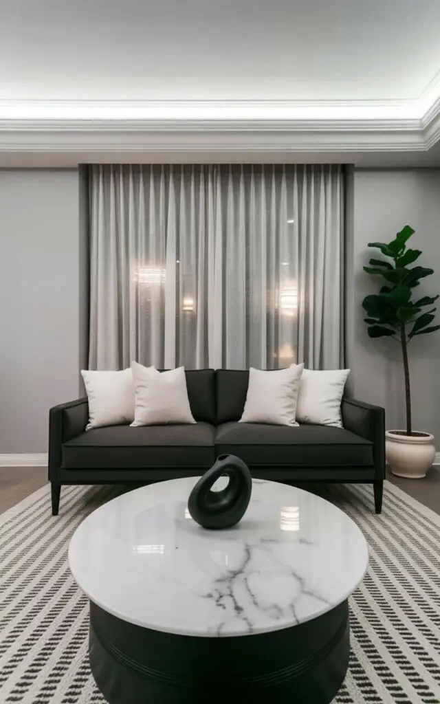 A charcoal-gray sofa with plush white cushions sits centered in a living room, facing a white marble-topped coffee table. A delicate black ceramic vase rests on the coffee table's surface, its form subtly curving inward. Soft, diffused natural light streams through sheer linen curtains, highlighting the subtle gray veins within the white marble and casting gentle shadows on the surrounding floor. The room features pale gray walls, a neutral-toned area rug with a geometric pattern, and a single potted fiddle-leaf fig tree in a white ceramic pot positioned in the corner.