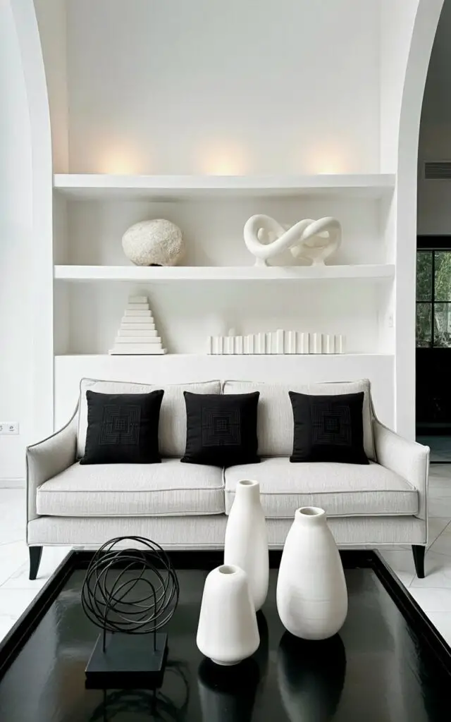 A pale gray upholstered sofa sits centered within the frame, adorned with three square black pillows featuring subtle geometric patterns. A low, minimalist black coffee table rests in front of the sofa, displaying three smooth white ceramic vases of varying heights alongside a small black metal sculpture resembling a coiled wire. Open white shelves extend across the back wall, showcasing a collection of white sculptural objects—a smooth stone sphere, a twisted ceramic form, and a stack of rectangular prisms. Soft, diffused light illuminates the space, highlighting the matte texture of the iron, the polished surface of the ceramics, and the subtle weave of the sofa’s fabric.