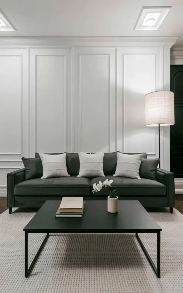 A soft charcoal gray sofa sits against crisp white paneled walls, accented with three square white pillows featuring a subtle woven texture. A rectangular black coffee table with thin metal legs rests on a light beige woven rug, holding three stacked hardcover books and a small cylindrical ceramic vase filled with a single white orchid. Natural light streams through a large window positioned to the right of the sofa, creating shadows between the wall panels and illuminating the rug's fibers. A tall, slender floor lamp with a white linen shade stands in the corner, providing additional ambient light and completing the minimalist aesthetic of the room.