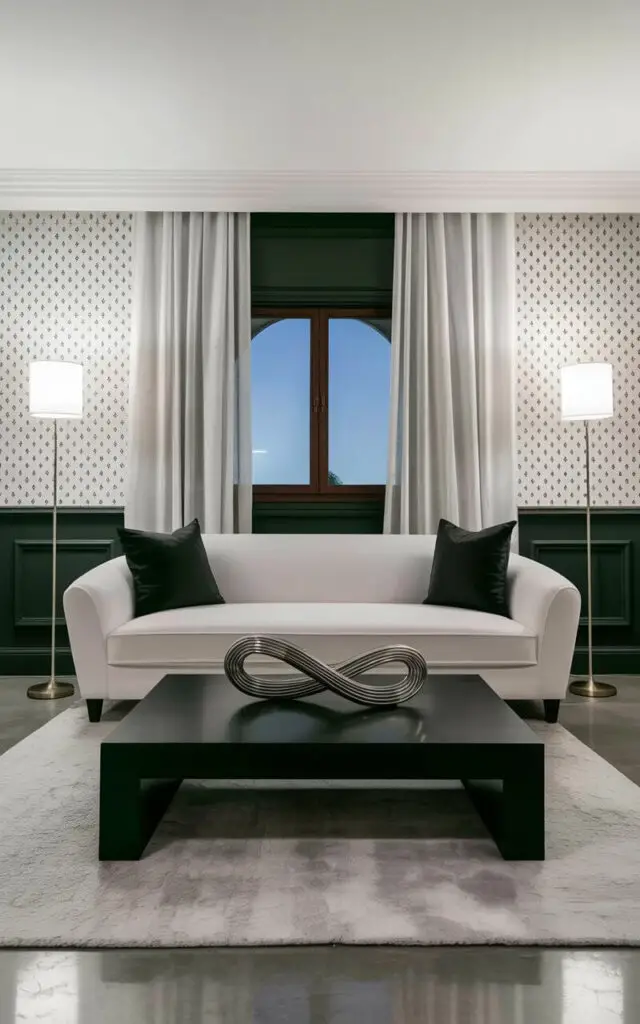 A sleek white sofa with rounded arms sits centered against a wall covered in a fine black-and-white geometric wallpaper featuring repeating diamond shapes. A low, rectangular black coffee table rests in front of the sofa, displaying a single, abstract sculptural object made of polished stainless steel with twisting curves. White linen curtains hang from a concealed track along the wall, partially obscuring a large window offering a view of a clear blue sky. A simple, rectangular rug with a short, light gray pile covers the polished concrete floor, while two minimalist brass floor lamps with cylindrical shades stand on either side of the sofa.