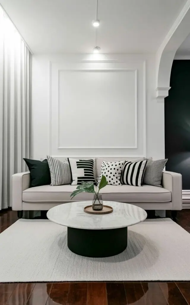 A neutral-colored sofa is arranged against a white wall, covered with an assortment of black-and-white graphic throw pillows featuring vertical stripes, scattered dots, and geometric abstract shapes. A round coffee table made of white marble sits centered in front of the sofa, displaying a small wooden tray holding a single green leafy stem in a clear glass vase. Large windows with sheer white curtains allow natural light to flood the room, highlighting the clean lines and minimalist decor. The polished hardwood floor reflects the light, and a simple white area rug lies beneath the sofa and coffee table, defining the living area.