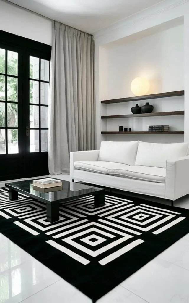 A black-and-white patterned rug with bold geometric lines covers the center of the room. The rug features a repeating pattern of triangles and squares arranged in a grid-like design, with some shapes overlapping others. A clean-lined white sofa sits directly on top of the rug, facing a rectangular black coffee table with a polished surface. Floor-to-ceiling curtains in a light gray linen fabric frame a large window, allowing natural light to illuminate minimalist wooden shelving units displaying a few small ceramic vases and a stack of books.
