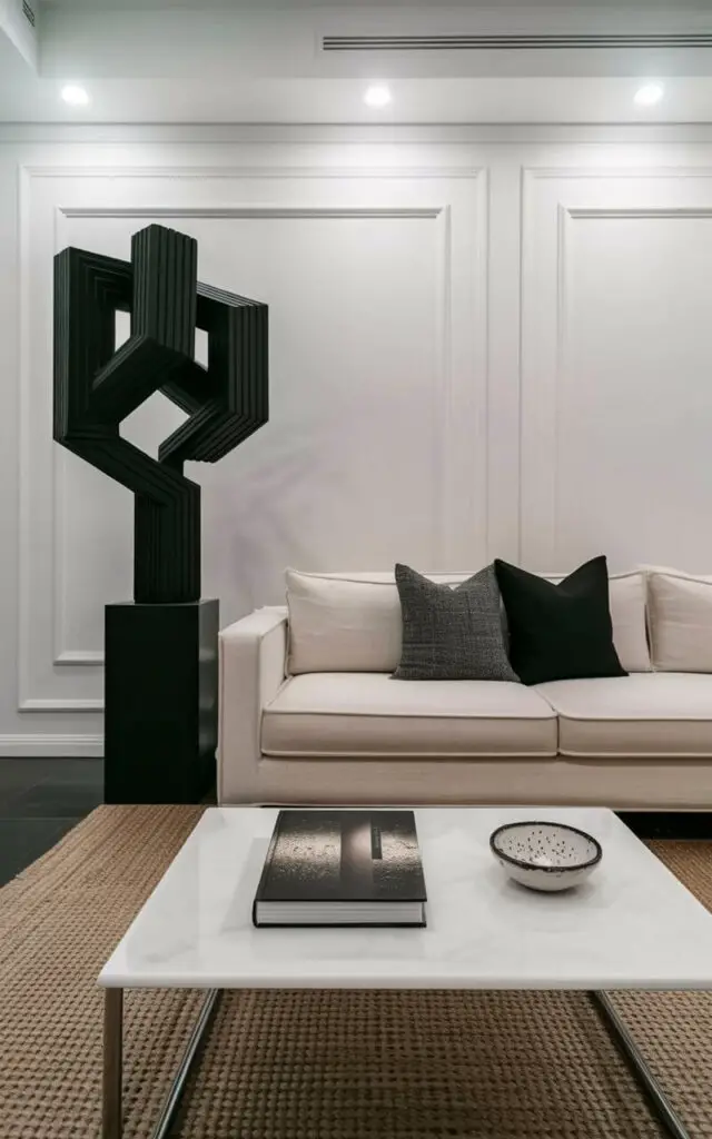 A bold black sculptural piece with a geometric design sits beside a pale linen sofa in a minimalist living room. The sculpture’s form consists of interlocking angles and planes, reaching a height of approximately four feet, with a matte finish. A sleek white coffee table with thin chrome legs sits centered in front of the sofa, holding a closed hardcover art book with a textured cover and a small, hand-thrown ceramic bowl with a speckled glaze. The room features white walls, a large woven jute rug beneath the sofa, and recessed lighting fixtures illuminating the space, creating a calm atmosphere.