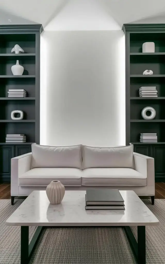 A low-profile white sofa sits centered against a bright, unadorned wall in a minimalist living room. Floor-to-ceiling built-in shelves finished in matte black frame the sofa, displaying a curated arrangement of white ceramic vases, subtle silver-toned geometric sculptures, and neatly stacked monochrome books. A slender white coffee table with a smooth, gray stone top rests in front of the sofa, holding a small sculptural vase with a textured surface and a stack of three books bound in dark gray covers. Soft natural light streams in through an unseen window, highlighting the contrast between the black shelves, white sofa, and bright wall, creating a tranquil and organized atmosphere.