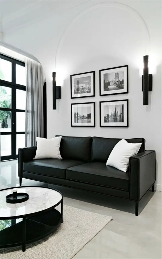 A matte-black sofa with clean, tailored lines dominates the living room, featuring square cushions and a low profile. Two large white pillows rest against the sofa's back, and a circular coffee table with a two-tier white-and-black marble design sits centered on a pale wool rug. Black metal sconces with cylindrical shades flank the walls above a series of framed black and white photographs depicting cityscapes. Large windows with sheer linen curtains allow natural light to fill the room, highlighting the monochrome color palette and showcasing the polished concrete floor beneath the rug.