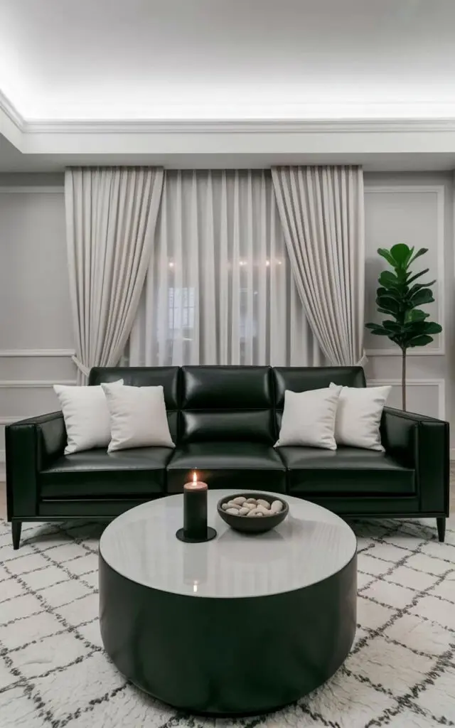A black leather sofa with sharp, structured lines dominates the room, positioned centrally against a pale gray wall. A round coffee table with a polished white surface sits directly in front of the sofa, displaying a single black pillar candle and a slender ceramic bowl filled with smooth river stones. Soft white pillows, a plush wool rug with a subtle geometric pattern, and cream-colored floor-to-ceiling drapery create a visually soft contrast to the sofa's dark leather. A single potted fiddle-leaf fig tree stands in the corner, illuminated by a diffused light source filtering through sheer curtains, suggesting a calm and spacious interior.
