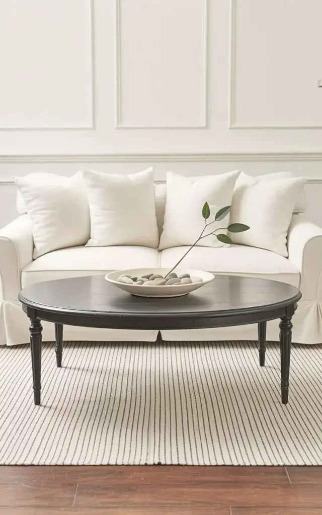 A deep charcoal-colored sofa with bright white slipcovers dominates the living room, the slipcovers creating soft, loose folds and drapes. A black wood coffee table sits centered in front of the sofa, displaying a simple ceramic bowl filled with smooth river stones and a single, slender stem with three dark green leaves. A black and white striped rug lies beneath the coffee table, its pattern contrasting with the dark wood flooring. Thin-framed black and white photographs hang on the wall behind the sofa, and a slender metal floor lamp with a drum shade stands in the corner, casting a soft glow across the room.