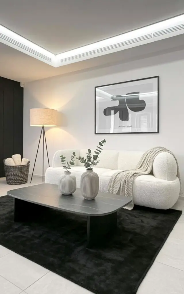 A cloud-like white sofa upholstered in boucle fabric sits opposite a low-profile black coffee table with a smooth, gray stone top. Knitted throws in shades of cream and gray are draped casually over the sofa’s back, while three ribbed ceramic vases containing sprigs of eucalyptus stand on the coffee table. A matte-black floor lamp with a linen shade stands in the corner, casting a warm glow on a woven basket filled with rolled blankets. A deep charcoal area rug defines the seating area, and the walls are painted a crisp white with a single framed print of "abstract shapes" hanging above the sofa.