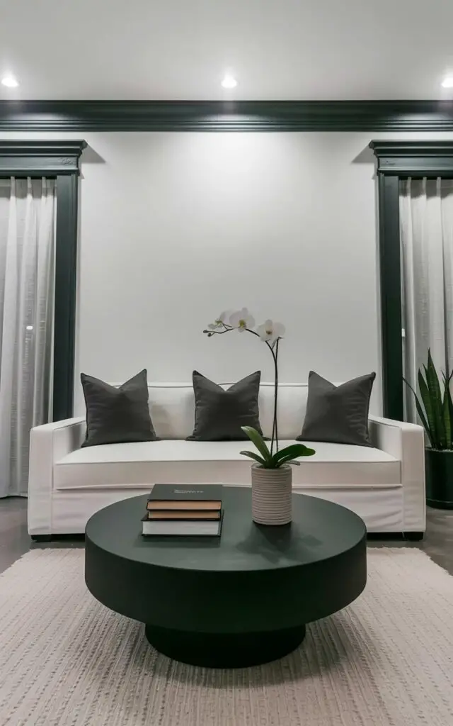A cushioned white sofa sits centered against a plain wall with a set of three dark gray throw pillows arranged neatly on the seat. A low matte-black coffee table rests in front of the sofa, holding a stack of three hardcover books and a tall cylindrical ceramic vase filled with a single white orchid. Black trim outlines the windows, door frames, and baseboards, creating sharp geometric lines throughout the room. Soft, diffused light enters through sheer linen curtains, illuminating the polished concrete floor and a single potted snake plant positioned in the corner.