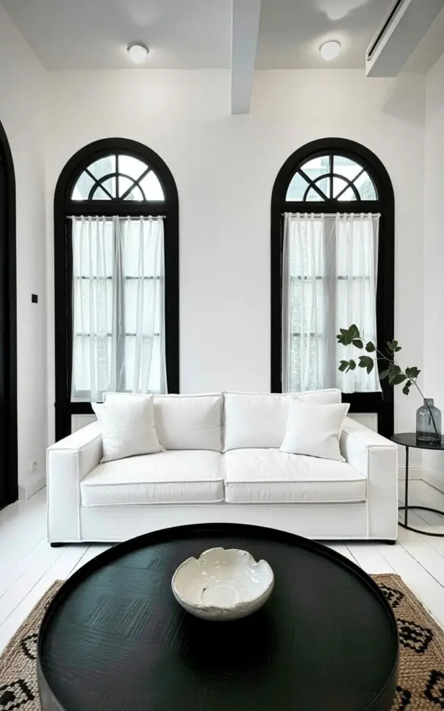 A plush white sofa sits directly beneath two tall black-framed windows, positioned centrally within the living room. A round black coffee table rests in front of the sofa, displaying a small, unglazed ceramic bowl with a slightly irregular rim. Sheer white curtains hang within the window frames, diffusing the incoming sunlight and creating soft shadows on the white walls. A woven rug with a geometric pattern lies on the light-colored wooden floor, while a slim metal side table holds a single leafy branch in a clear glass vase near the sofa's armrest.