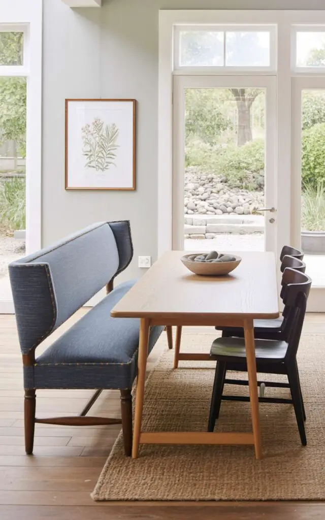 A long, upholstered bench in a muted blue fabric sits against a pale gray wall, positioned alongside a simple rectangular dining table. The bench features neatly stitched seams and slightly rounded corners, while the dining table has a smooth, light wood finish. Three dark wood dining chairs with straight backs and subtly tapered legs are arranged on the opposite side of the table. A single framed print depicting a botanical illustration hangs on the wall above the bench, and a low, ceramic bowl filled with river stones sits as a centerpiece on the table.