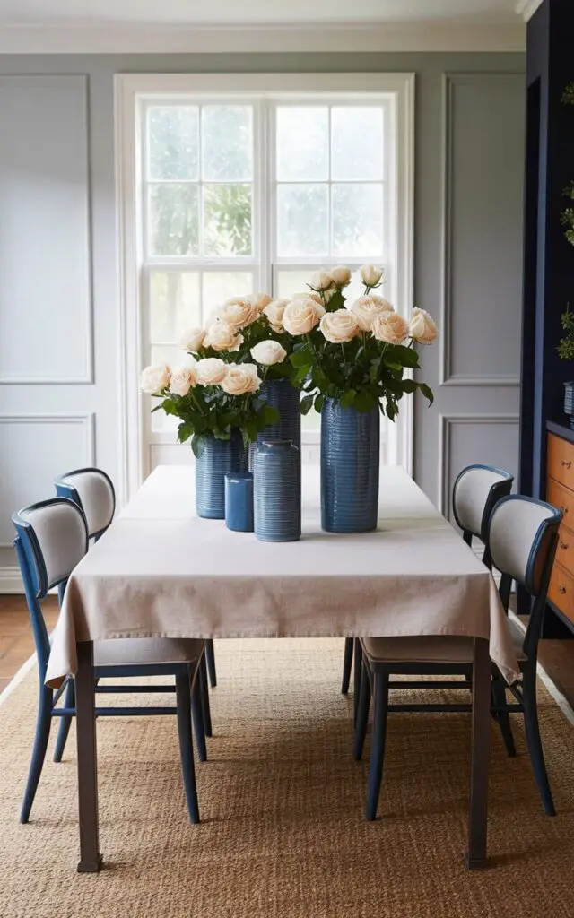 A rectangular dining table sits in the center of a room, supported by slender dark gray metal legs and covered with a smooth, light beige linen tablecloth. Arranged along the table's surface are three cylindrical blue ceramic vases of varying heights, each containing a cluster of soft white roses with delicate petals and green leaves. Four upholstered dining chairs with light gray fabric seats and dark blue wooden frames are evenly spaced around the table, creating a symmetrical arrangement. Pale blue walls with subtle recessed paneling surround the room, and a large window on the far wall allows soft diffused light to illuminate the scene.