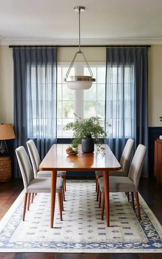 Floor-length sheer blue curtains hang along a window, allowing diffused light to enter the dining room. A rectangular dining table with a polished wood surface sits centered beneath a modern pendant light featuring a brushed nickel finish and frosted glass shade. Four slim dining chairs upholstered in light gray fabric are evenly spaced around the table, each featuring a gently curved backrest and tapered wooden legs. The room's walls are painted a soft cream color, and a patterned area rug in shades of blue and beige lies beneath the table, anchoring the space.