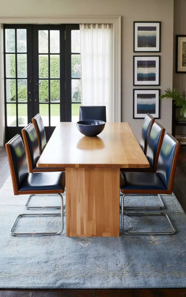 A plain, rectangular dining table made of smooth, pale maple wood sits centered in the room, reflecting ambient light. Six sleek dining chairs upholstered in rich navy blue leather surround the table, their polished chrome legs angled outward, and their leather surfaces showing subtle signs of wear. A soft blue rug with a low pile texture defines the seating area, while three framed prints with layered indigo and grey tones hang on the adjacent wall. Large windows with sheer white curtains allow diffused natural light to flood the room, revealing a glimpse of a green lawn and manicured hedges beyond.