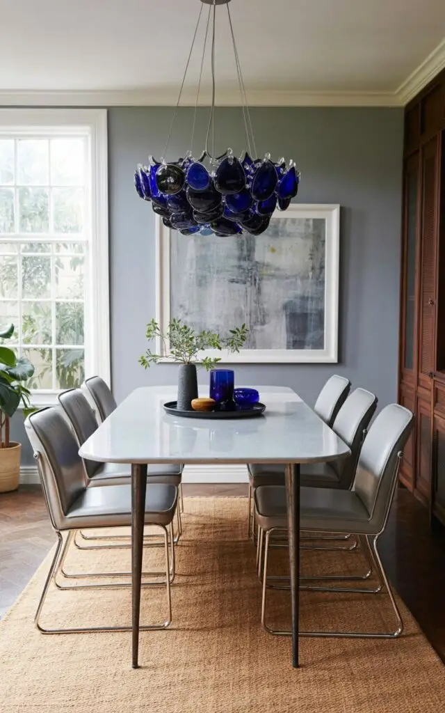 A dining room features a rectangular table with a smooth, light gray surface and thin, dark metal legs. Above the table, a sculptural chandelier constructed from interlocking pieces of cobalt blue glass suspends from the ceiling, emitting a soft, diffused glow that reflects off the tabletop. Six streamlined dining chairs upholstered in a pale gray fabric surround the table, each chair featuring a gently curved back and polished chrome accents. The room's walls are painted a muted shade of periwinkle, while a large, framed abstract artwork with shades of gray and silver hangs on one wall, complementing the room's calm atmosphere.