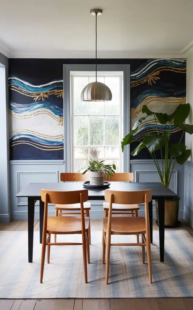 A dining room features a large mural covering one wall, composed of layered strokes in shades of blue and white, depicting abstract wave patterns. A rectangular dining table sits centered in the room, supported by four simple wooden chairs with straight backs and light brown finishes. A modern pendant light fixture with a brushed metal finish hangs directly above the table, providing illumination. The room is finished with pale blue painted walls and a light grey wooden floor, while a tall potted plant with broad green leaves sits in a corner of the room.