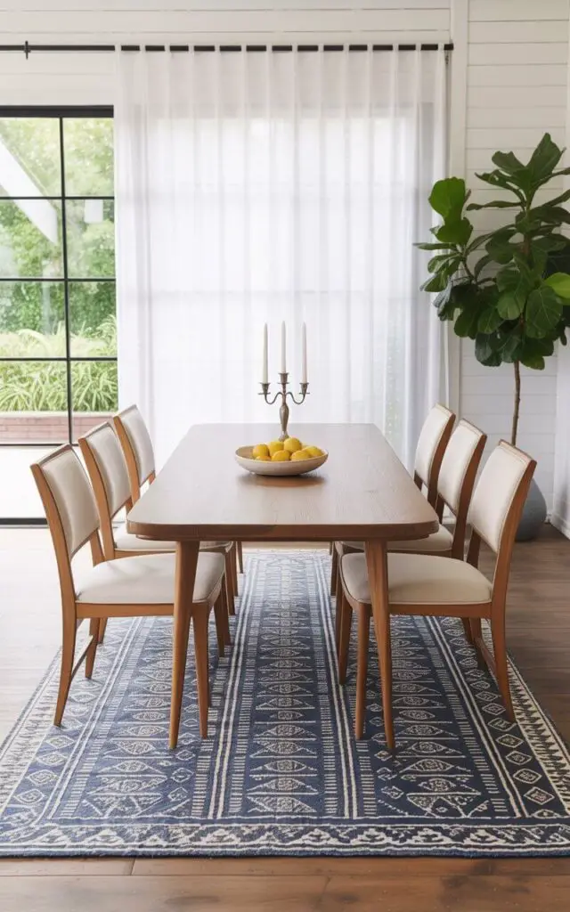 A large, patterned blue rug with a repeating geometric design of triangles and squares covers the center of a dining room. A rectangular dining table with a natural wood grain finish and tapered legs sits atop the rug, surrounded by six slender dining chairs upholstered in soft beige linen. Sheer white curtains hang on a window behind the table, allowing diffused sunlight to illuminate the room, while a tall potted fiddle-leaf fig plant stands in a corner near the window. A decorative ceramic bowl filled with lemons sits on the table, and a silver candelabra with three unlit candles rests at its center.