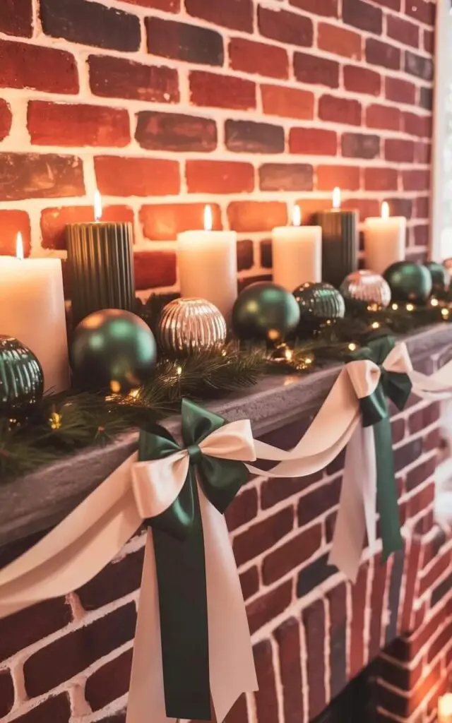 A mantelpiece made of dark gray stone stretches across a brick wall, decorated with a collection of ornaments, candles, and ribbons in deep emerald green and ivory. Several cylindrical candles in varying heights are arranged along the mantel, interspersed with spherical ornaments covered in a subtle sheen. A wide, flowing ribbon in ivory drapes across the front of the mantel, with smaller emerald green bows tied at regular intervals. The wall behind the mantel is constructed from aged red bricks with subtle variations in color and texture, creating a rustic backdrop.