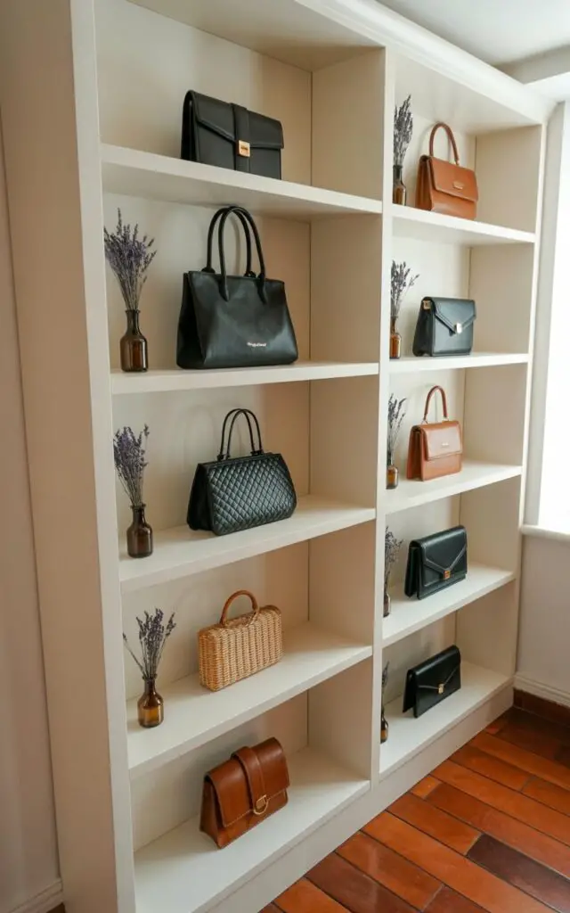 A floor-to-ceiling bookshelf, painted matte ivory, displays a curated collection of handbags arranged across its wide shelves. The handbags, varying in shape and material—including black leather totes, quilted velvet clutches, and straw woven purses—are spaced evenly and positioned to showcase their designs. Small ceramic vases holding sprigs of dried lavender and unscented beeswax candles are interspersed among the bags, adding subtle decorative accents. Soft daylight streams in from a nearby window, gently illuminating the textures of the handbags and creating subtle shadows across the ivory shelves and surrounding hardwood floor.