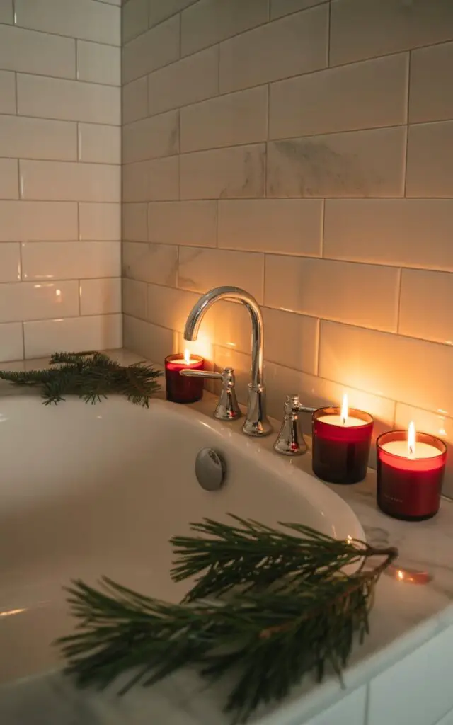 A serene, minimalist Christmas bathroom bathed in warm candlelight, featuring clean lines and understated holiday elegance. Three red glass candles are positioned along the pristine white bathtub edge, their soft flames flickering gently against the backdrop of smooth matte white subway tiles. Fresh pine and eucalyptus branches are artfully scattered nearby on marble surfaces, their deep green needles contrasting beautifully with the monochromatic palette while releasing their natural forest fragrance. The warm golden glow from the candles creates gentle reflections on polished chrome fixtures and faucets, while soft shadows dance across the uncluttered space, evoking a sense of peaceful luxury perfect for holiday relaxation.