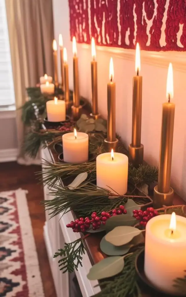 A mantel constructed from dark stained wood stretches across a wall, adorned with a collection of candles in varying heights and styles. Gold taper candles stand in sleek metal holders alongside squat glass votives and thick pillar candles, all arranged in a deliberate pattern. A garland composed of pine branches, juniper berries, and eucalyptus leaves winds between the candle holders, partially obscuring the wall behind. The room is softly lit by the candlelight, revealing a glimpse of a patterned rug on a hardwood floor and a pair of cream-colored curtains framing a window in the background.