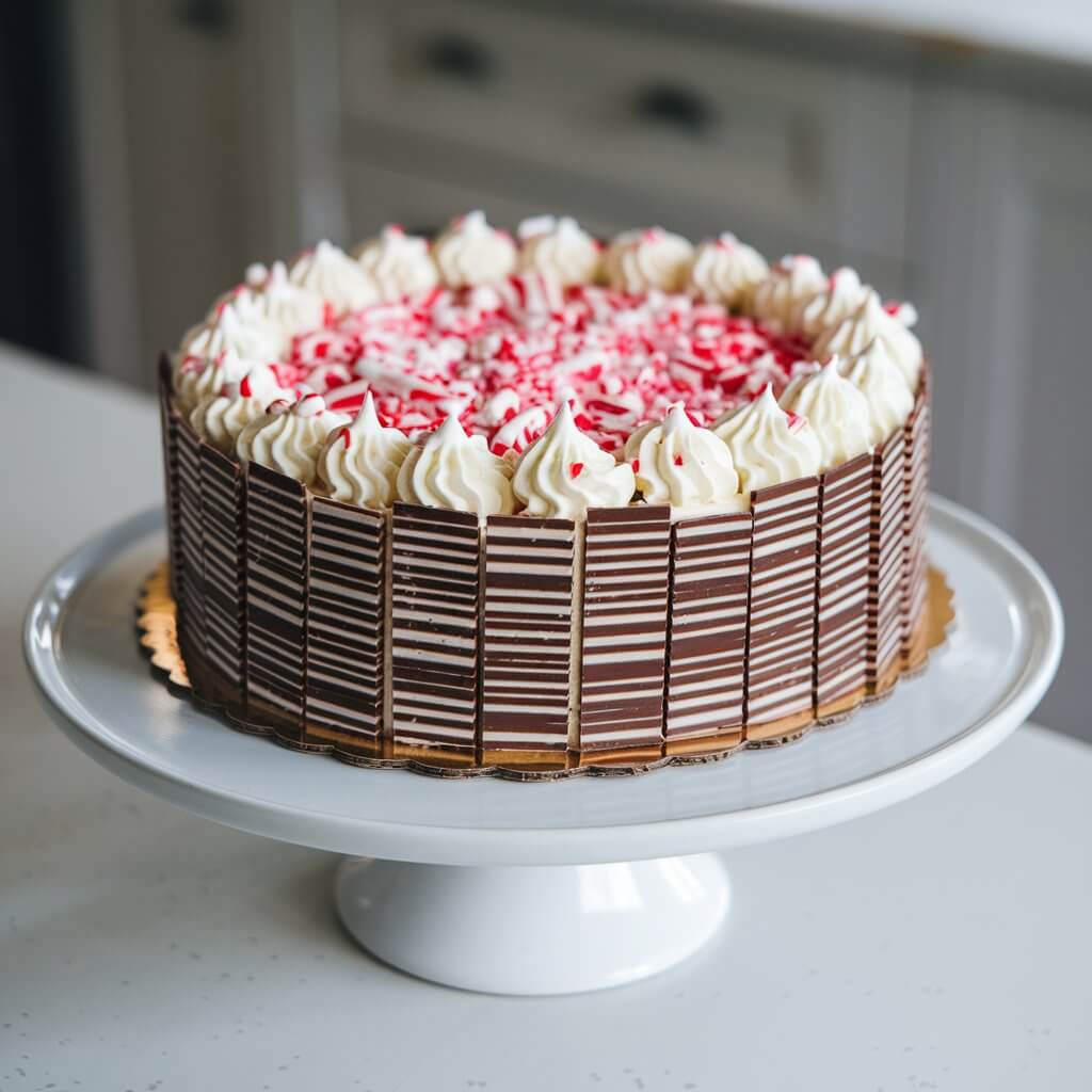 A photo of a candy cane crunch icebox cake on a white cake stand, placed on a white kitchen countertop. The cake has layers of whipped cream and chocolate wafer, creating a striped, festive appearance. The top of the cake is sprinkled with crushed candy canes. The lighting highlights the glossy whipped surface of the cake and makes the crushed candy canes sparkle.