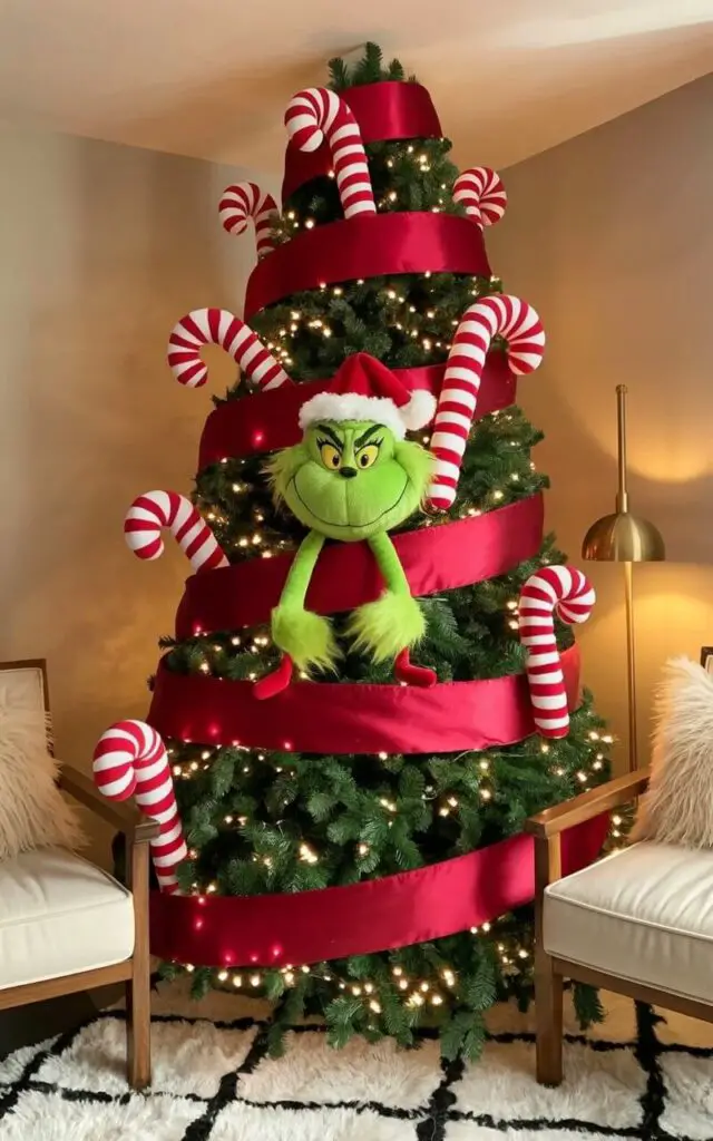 A fully decorated Christmas tree stands in the corner of a warmly lit living room, featuring oversized candy cane ornaments spiraling between its branches. The tree’s branches are a deep forest green, with smooth satin ribbons in crimson red cascading downwards and the branch tips lightly dusted with sparkling artificial snow. A plush Grinch face is centered among the branches, grinning playfully. The surrounding living room includes a plush rug with a geometric pattern, two wooden armchairs with cream-colored cushions, and a brass table lamp casting a soft glow on the walls.