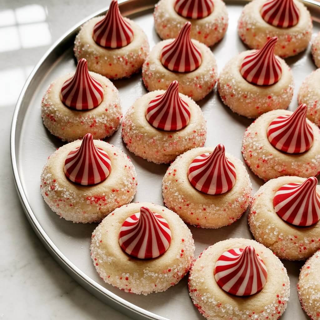 A round white ceramic plate rests on a bright, uniformly white kitchen countertop. Several candy cane kiss cookies are arranged on the plate, each topped with a red-and-white striped Hershey’s Kiss, and the cookies themselves are rolled in sparkling red and white granulated sugar. Fine, reflective particles of sugar cover the surfaces of both the cookies and the candy kisses, creating tiny highlights. A subtle pattern of shadows appears along the edges of the plate and around the base of each cookie, indicating a soft light source above.