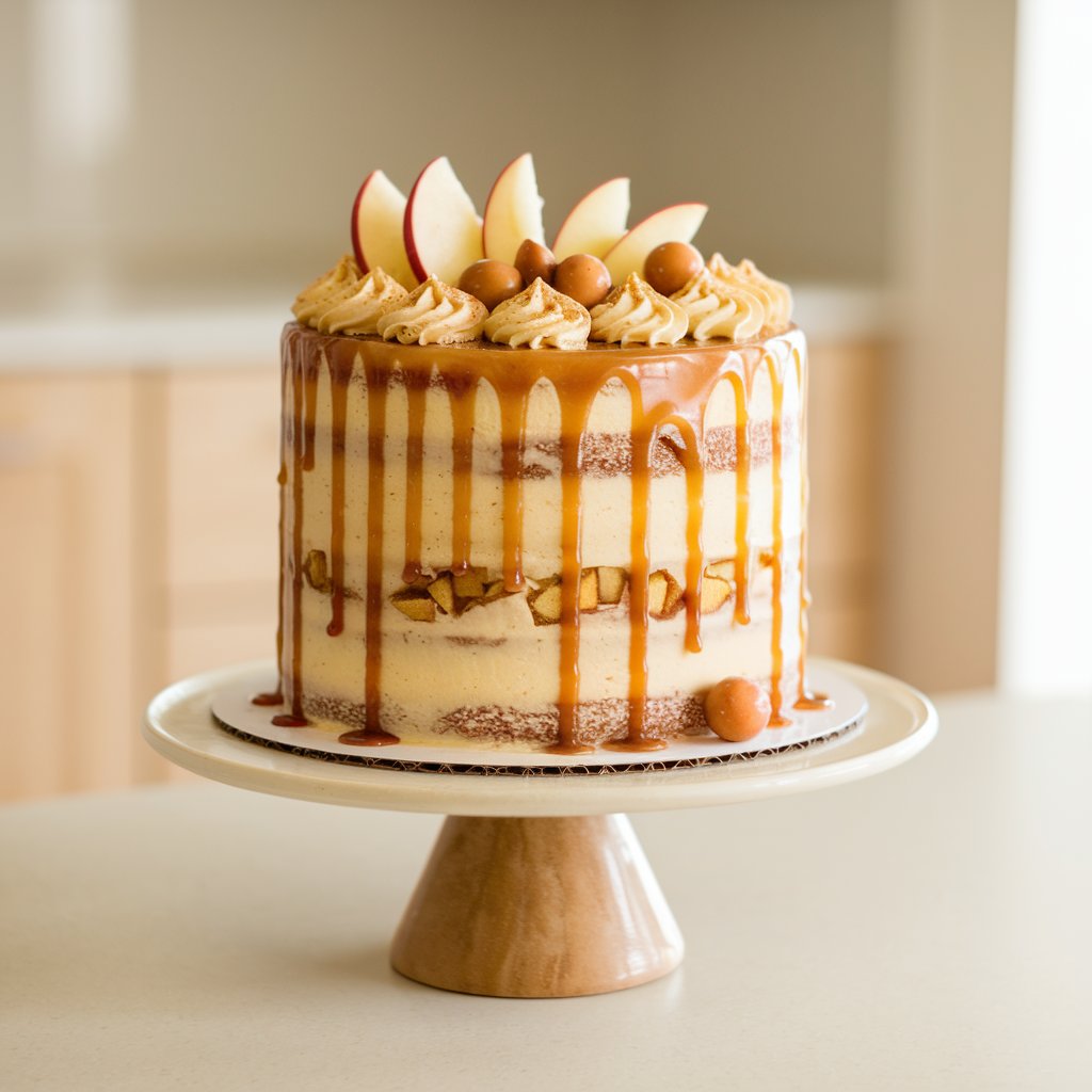 A tall, rustic caramel apple spice cake sits proudly on a round white cake stand placed on a bright plain white kitchen countertop. The layers of spiced apple cake peek through soft caramel-colored frosting, with a luscious caramel drizzle flowing down the sides. Under warm natural light, the sauce gleams and highlights the golden tones of baked apples embedded within. Thin apple slices and a sprinkle of cinnamon decorate the top, while a few caramel candies rest nearby. The frosting is very elegant.