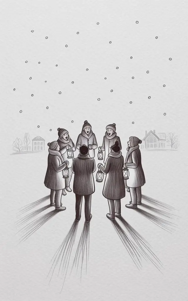 A group of six carolers, bundled in dark wool coats, scarves, and hats, stand in a circle singing, their mouths open in mid-note. Each person holds a lantern, casting a warm, circular glow around their faces and upper bodies, with faint shadows extending onto the snow-covered ground. The carolers are a mix of men and women, with varying heights and expressions of joy. Softly falling snow drifts down around them, partially obscuring the outlines of the buildings in the distance behind the group, and scattered across the sky are numerous small white dots representing stars.