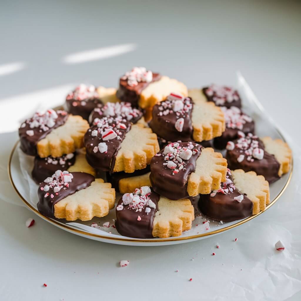 A photo of a white plate filled with golden, crisp shortbread cookies. The cookies are half-dipped in smooth dark chocolate and sprinkled with crushed candy cane pieces. The plate is placed on a bright plain white kitchen countertop. There is a wash of gentle natural light on the scene. The cookies glisten slightly from the chocolate's glossy finish, and a few chocolate drips mark the parchment beneath. The natural light highlights the buttery texture of the shortbread while soft reflections dance off the glossy chocolate coating.