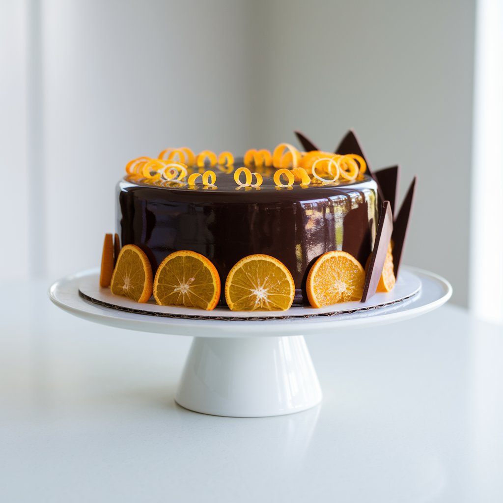 A glossy chocolate orange cake sits gracefully on a sleek white cake stand placed on a bright plain white kitchen countertop. The cake is enveloped in dark chocolate ganache, with thin curls of orange zest artfully scattered across the top. Under natural light, the ganache reflects a deep sheen, while the orange tones glow warmly. Sliced candied oranges are arranged along the base, and a few chocolate shards lean gently against the cake’s side, adding a touch of elegance.